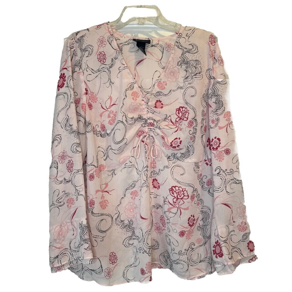 Lane Bryant‎ Top Womens PINK Floral w/BLACK Tie Front Blouse Romance Sz 18/20